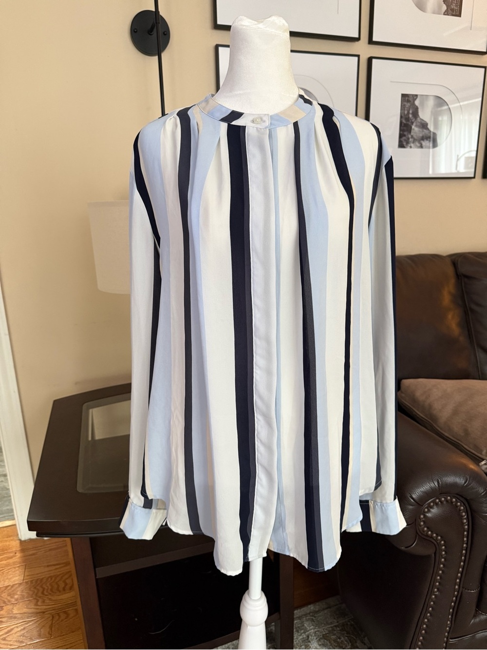 Ann Taylor Factory White and Navy Vertical Stripe Blouse